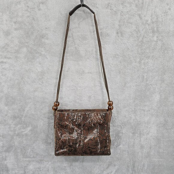 Basix New York Snake Print Textured Leather Shoulder Bag Brown Black Beads Strap - Picture 14 of 14